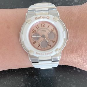 Baby G-Schock White, Nickel Sikver Metal Trim and Pink Face